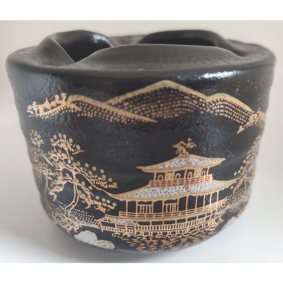 VINTAGE BLACK & GOLD JAPANESE TEMPLE W/ CHERRY BLOSSOM TREES CERAMIC ASHTRAY 3in - Picture 2 of 7